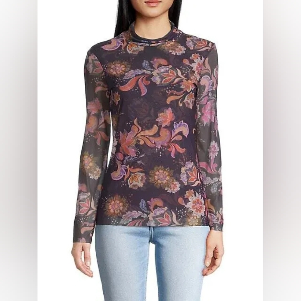 Johnny Was Jade Harmonia‎ Floral Print Mesh Mock Neck Bohemian Size XL